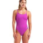 Traje de baño ARENA W. Challenge Solid Very Fuchsia-Team Green (modelo de frente)
