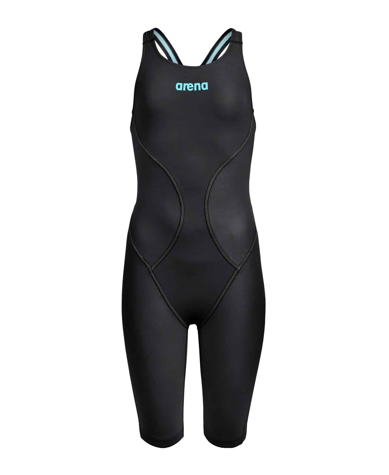 Traje de competencia Arena Powerskin Impulso Open Back Jr para niña, negro con teal