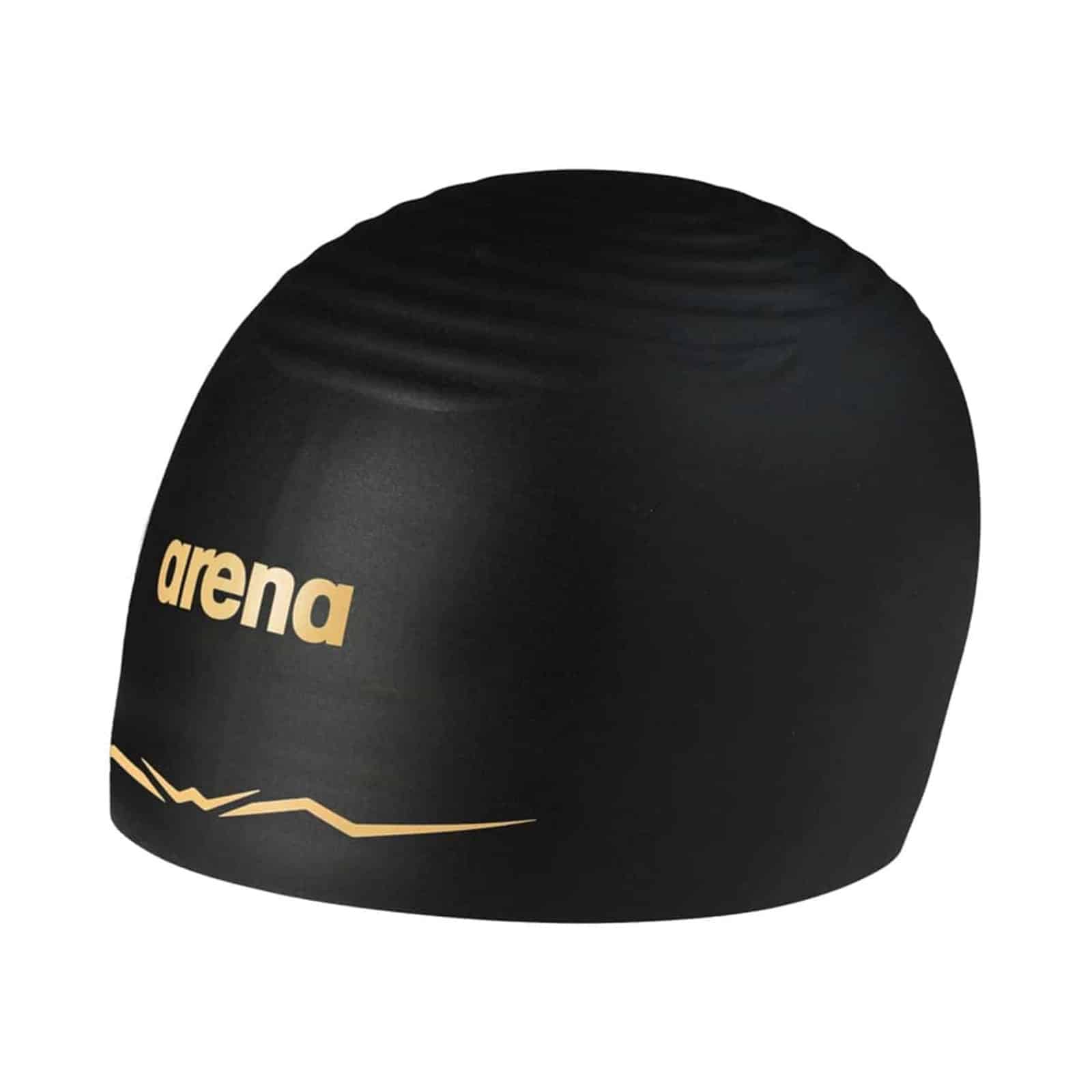 Gorra de competencia Arena Sr. AquaForce Wave negro con logo dorado, vista lateral
