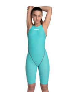 Traje de competencia Arena Powerskin ST Next Open Back niña Aquamarine (frente)